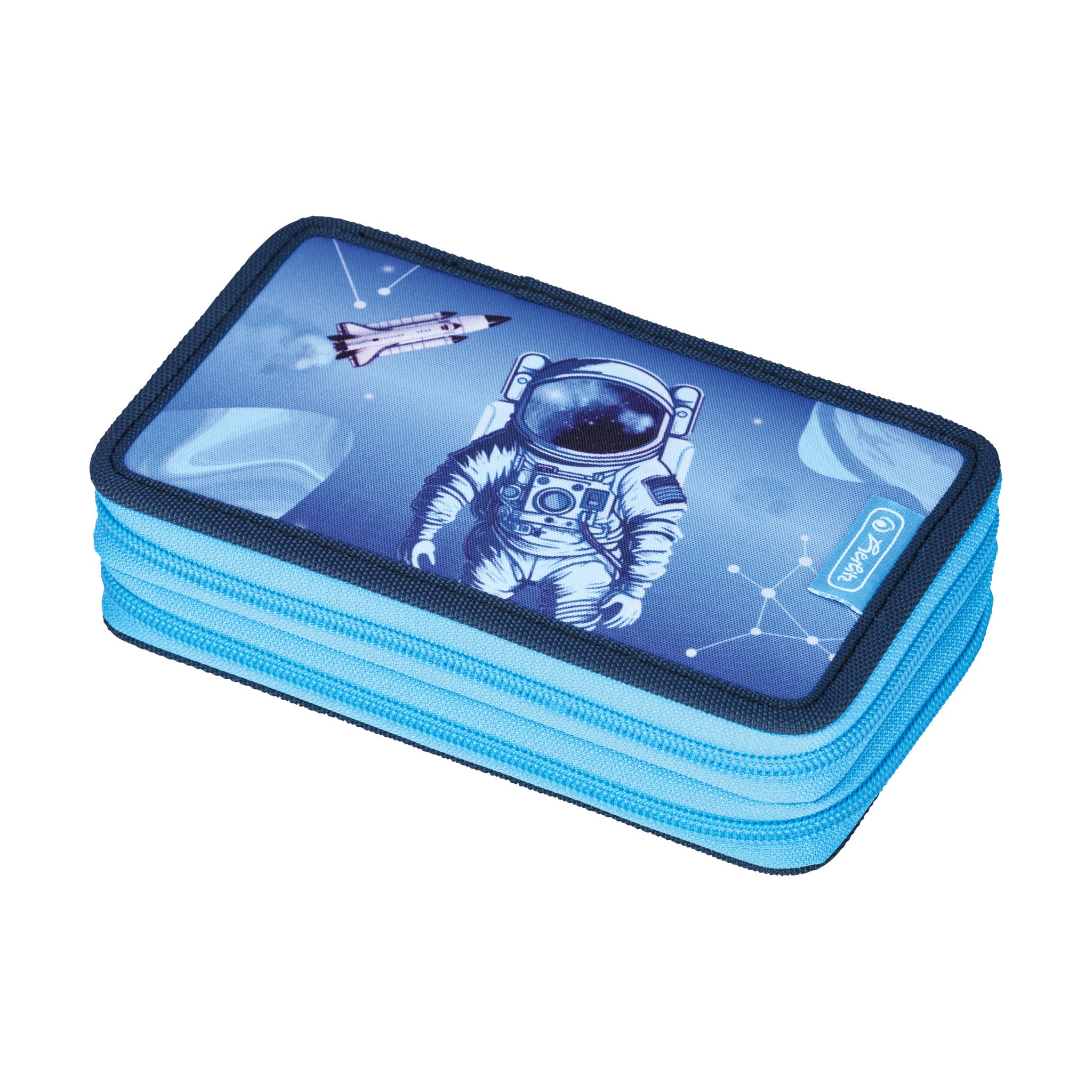 Herlitz Cosmic Explorer – Schüleretui, 2 Klappen, gefüllt (23-teilig), Blau, Polyester, 19,3 × 11,5 × 5 cm