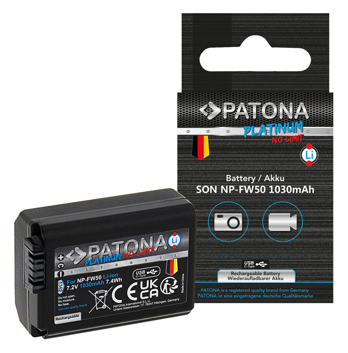 PATONA Platinum Akku NP-FW50 – 1.030 mAh, 7,2 V, USB-C – für Sony NEX.3, NEX.3C, NEX.5 und andere – Schwarz
