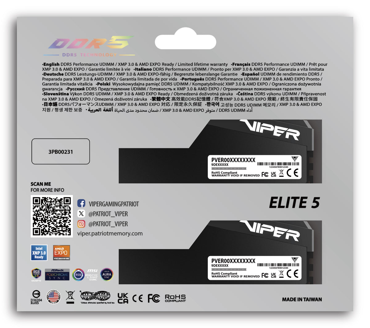 Patriot Memory Patriot Viper Elite Ultra – Arbeitsspeicher – 32 GB (2×16 GB), DDR5, 6000 MT/s, CL28, 288-poliger DIMM, RGB