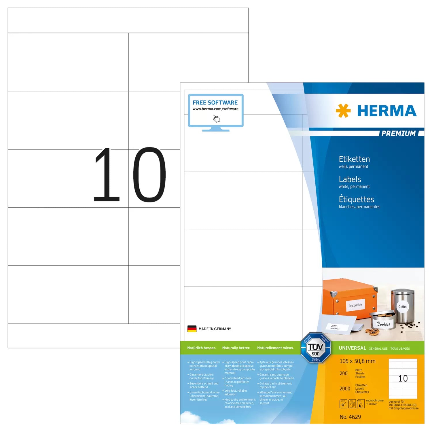 HERMA Bogenetiketten, 105 mm × 51 mm, weiss, Papier, permanent, 200 Blatt (2'000 Etiketten)
