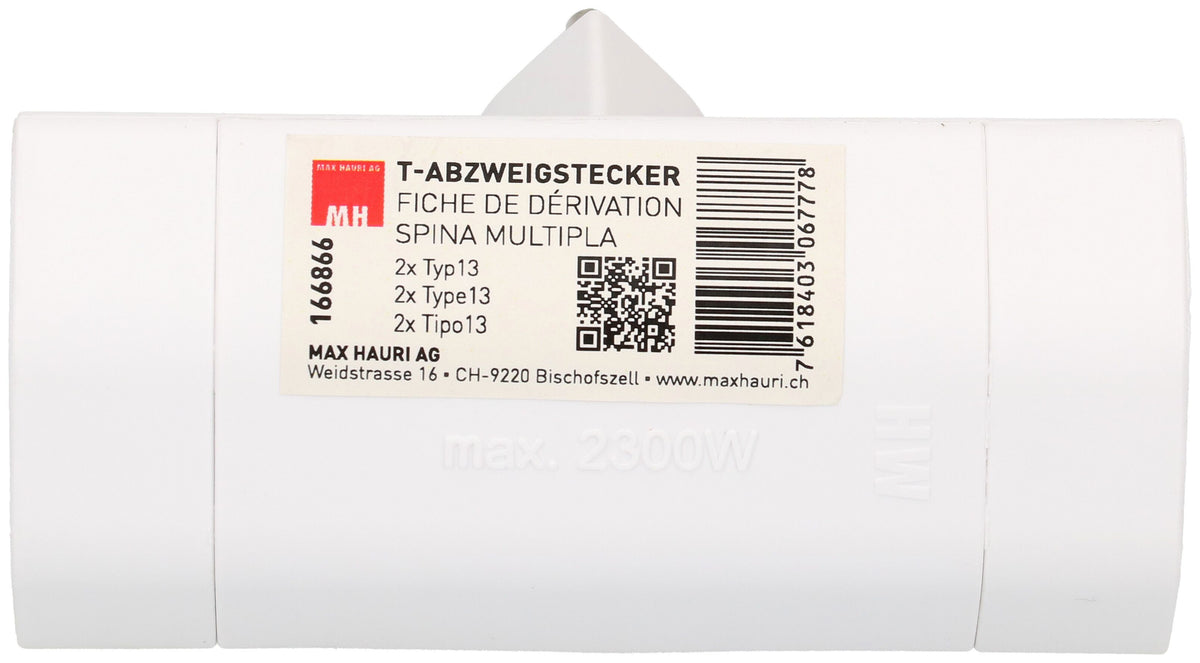 Max Hauri AG Steckdosenleiste, 2×T13, Eingang T12, 3-polig, 10 A 230 V, IP20 – weiss