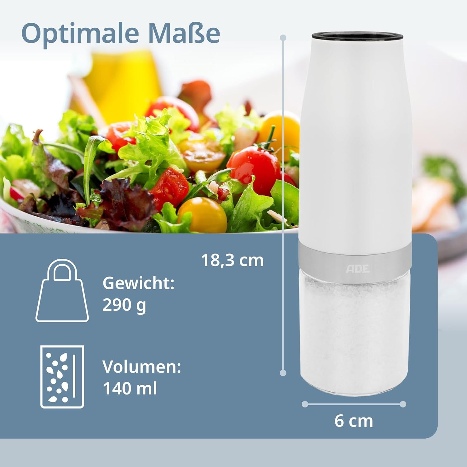 ADE Salz-/Pfeffermühle Ø 6 × 18,3 cm, Glas/ABS, Keramikklinge, Weiss