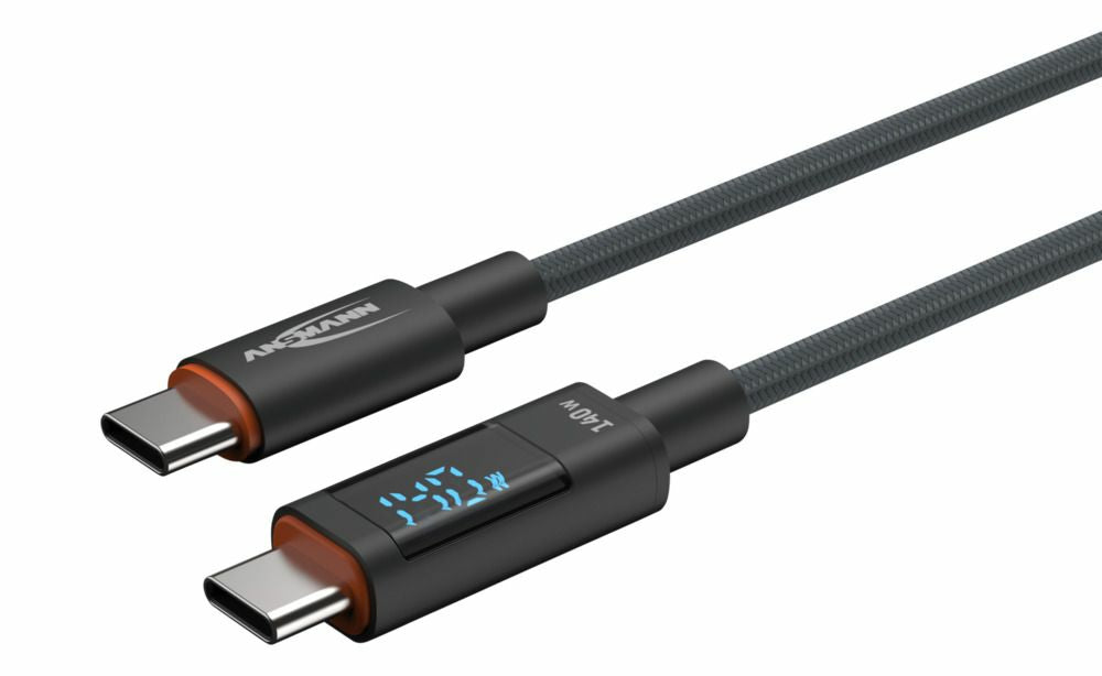 Ansmann USB-C auf USB-C Kabel – USB 2.0 (480 Mbit/s) – 2 m – PD 140 W – LED-Display – Anthrazit