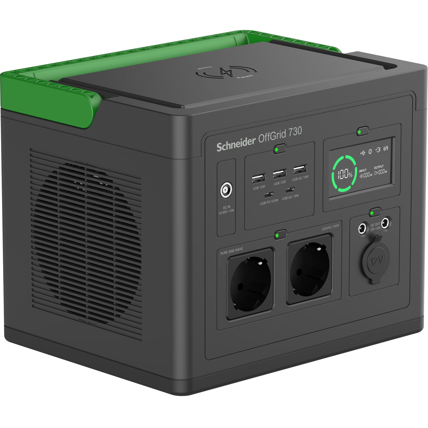 APC OffGrid 730 – Powerstation, 738 Wh, 700 W AC, Li‑Ion, 2× Schuko (Typ F), LCD, Kabelloses Laden