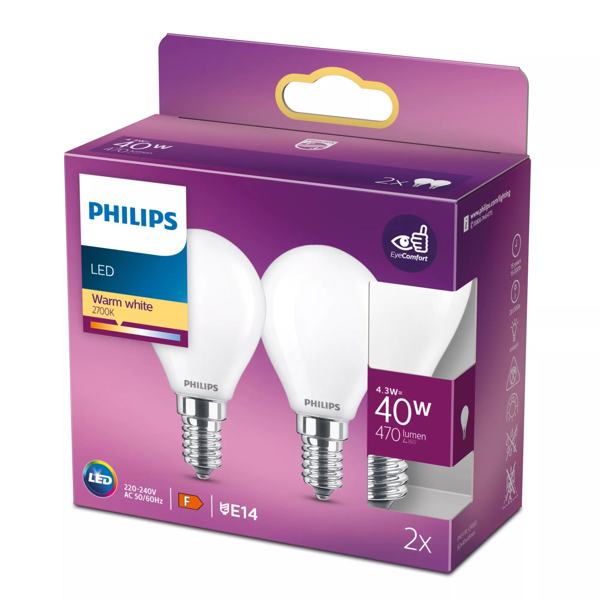 Philips by Signify Philips LED-Leuchtmittel E14 P45 – Warmweiss 2700 K, 470 lm, 4,3 W – IP20 – 1 Stk. – Weiss, Glas