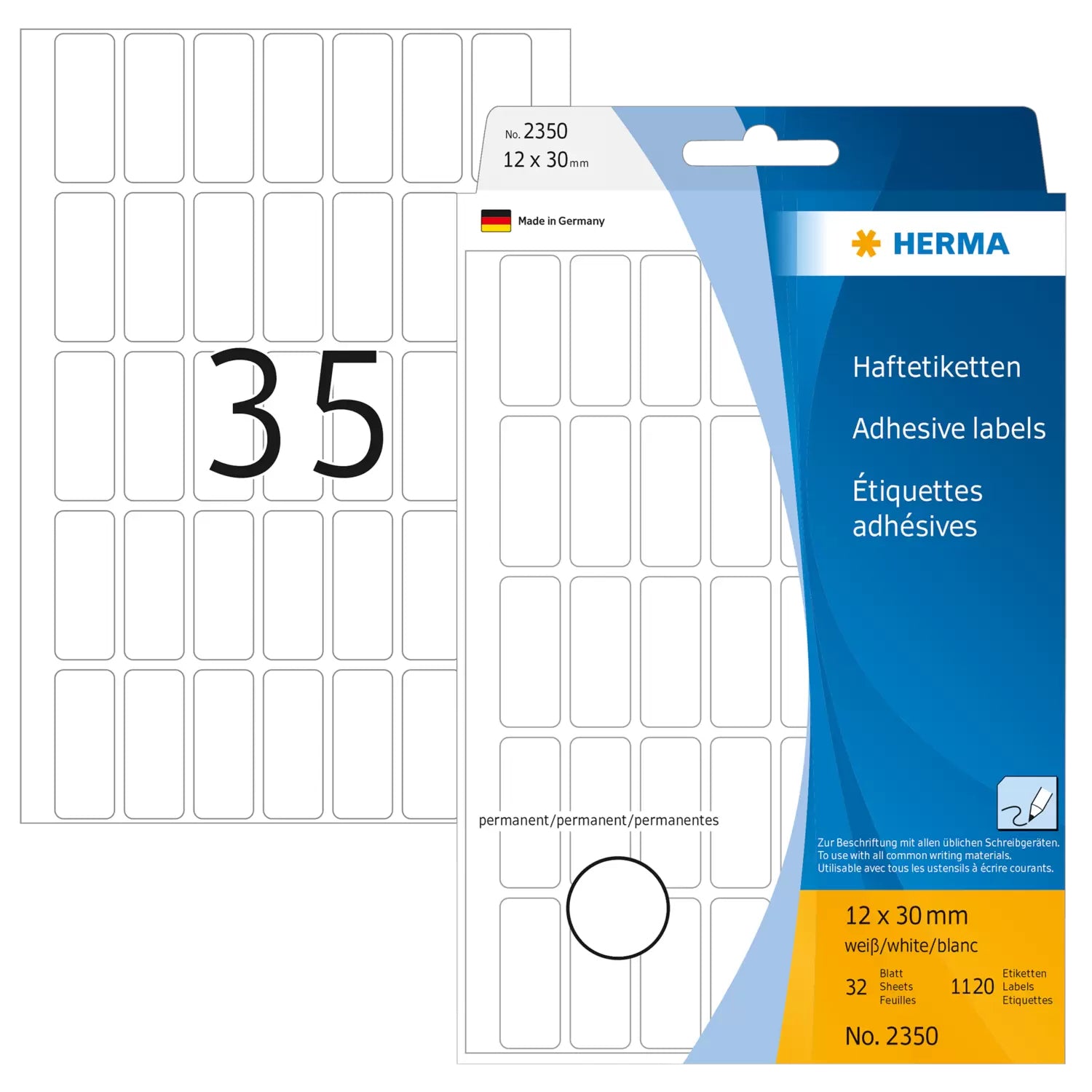 HERMA Haftetiketten – rechteckig 12 × 30 mm, stark haftend, weiss, Bogen 111 × 170 mm, 32 Blatt (1'120 Stk.)