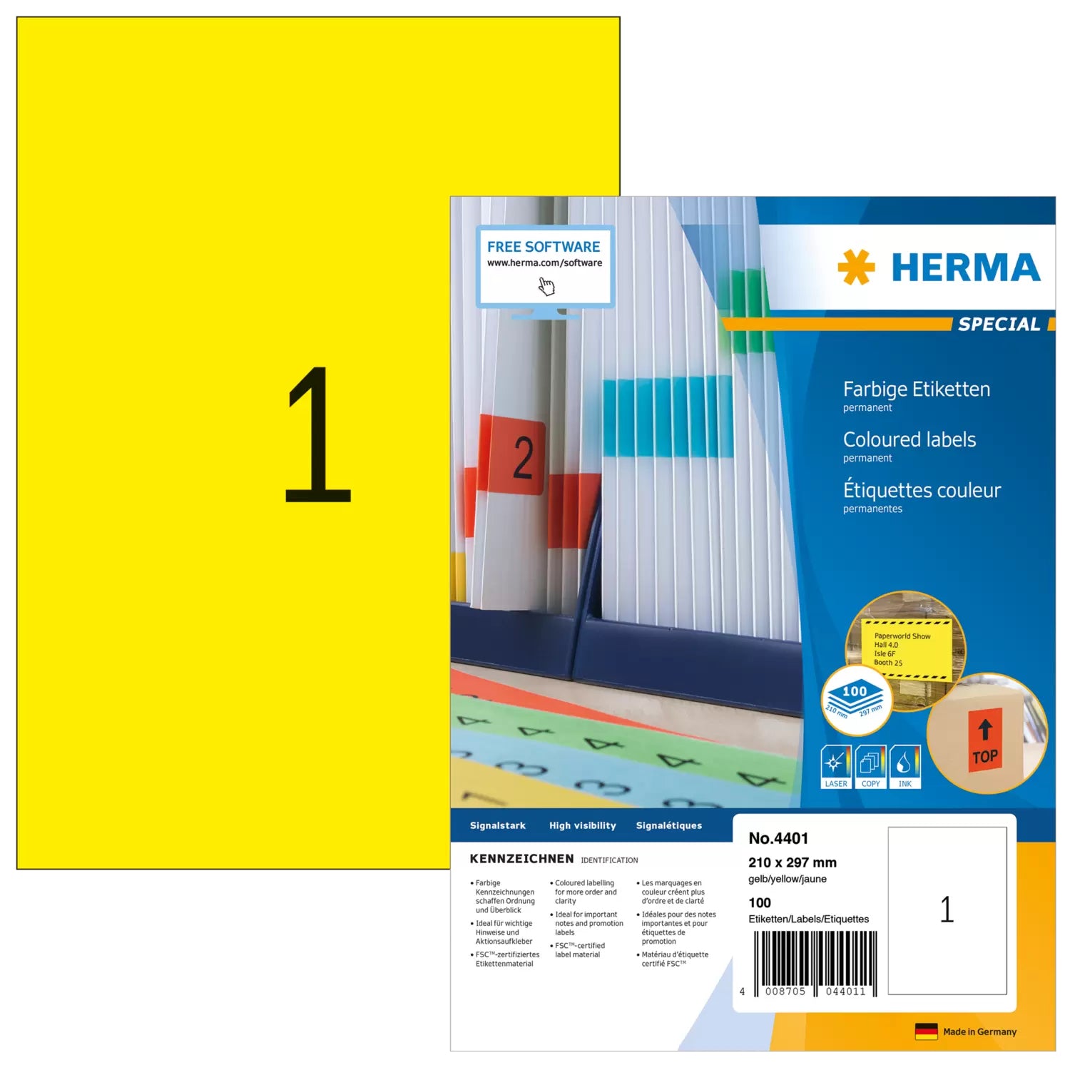HERMA Druckeretiketten, 210 mm × 297 mm, gelb, Papier, permanent, 100 Blatt