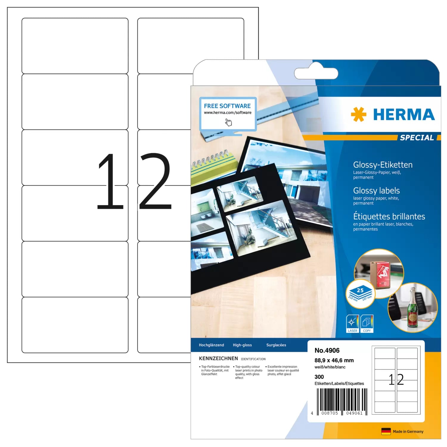 HERMA Bogenetiketten, 89 mm × 47 mm, weiss, Papier, permanent, 25 Blätter