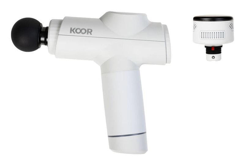KOOR Massagepistole – Perkussionsmassage, 5 Stufen, mit Wärmefunktion – Weiss, 5 Köpfe – USB, 8 h Laufzeit