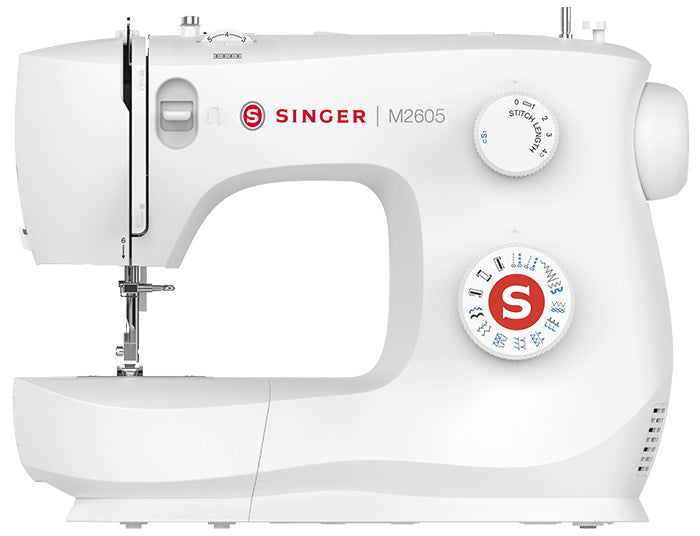 Singer Nähmaschine M2605 – Freiarm, automatisches Knopfloch (4 Stufen), 12 Stiche, Weiss