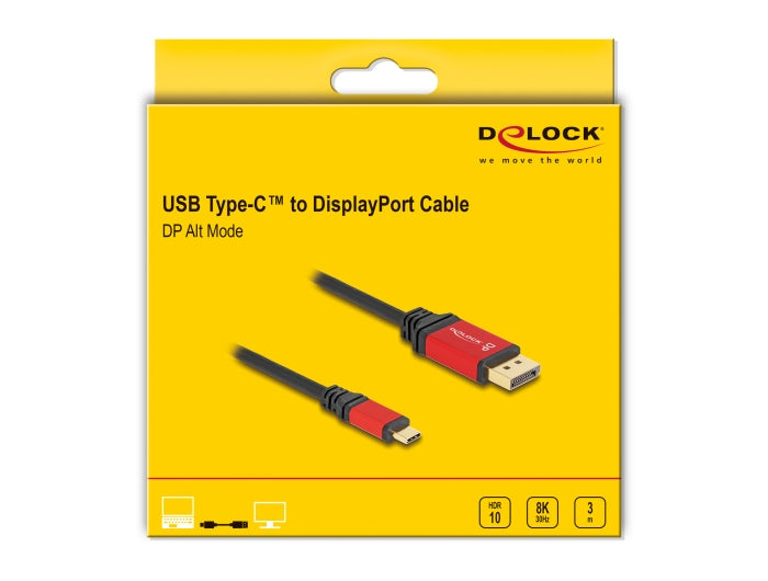 DeLOCK USB-C auf DisplayPort Kabel DP 1.4 8K 60 Hz – 3 m – HDR – Schwarz/Rot