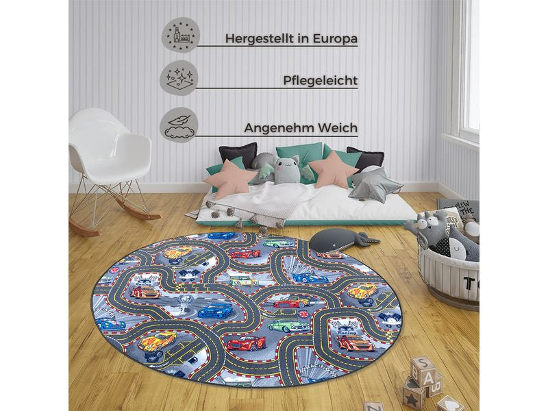 Hanse Home Race Track Kinderteppich – Ø 133 cm – Polypropylen & Baumwolle, Grau
