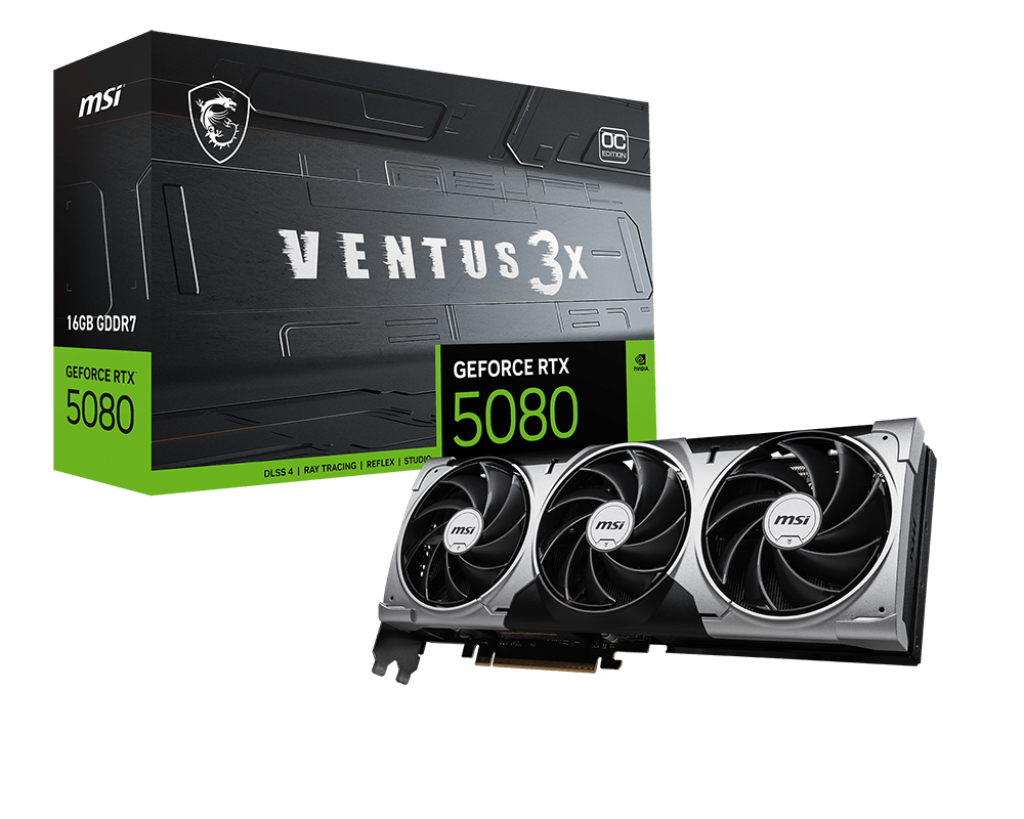 MSI RTX 5080 VENTUS 3X OC 16G – PCIe Grafikkarte – 3×DP, 1×HDMI, PCIe 5,0 x16, 360 W