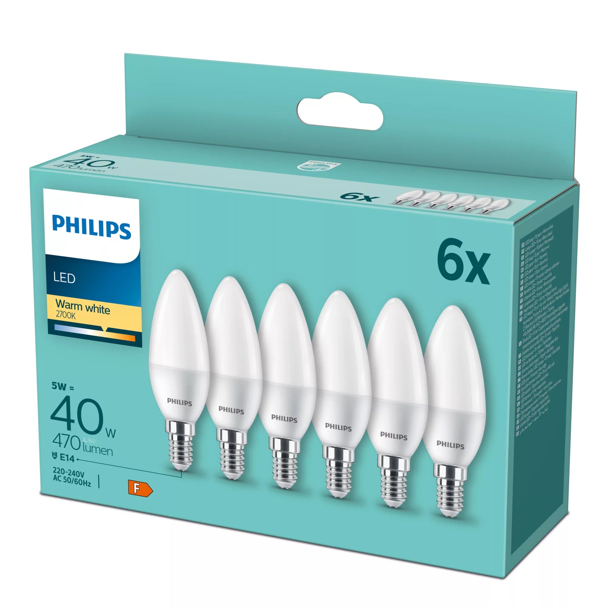 Philips by Signify Philips LED-Leuchtmittel E14 B35 – Warmweiss 2700 K, 470 lm, 4,9 W – 6 Stk., matt, Kunststoff