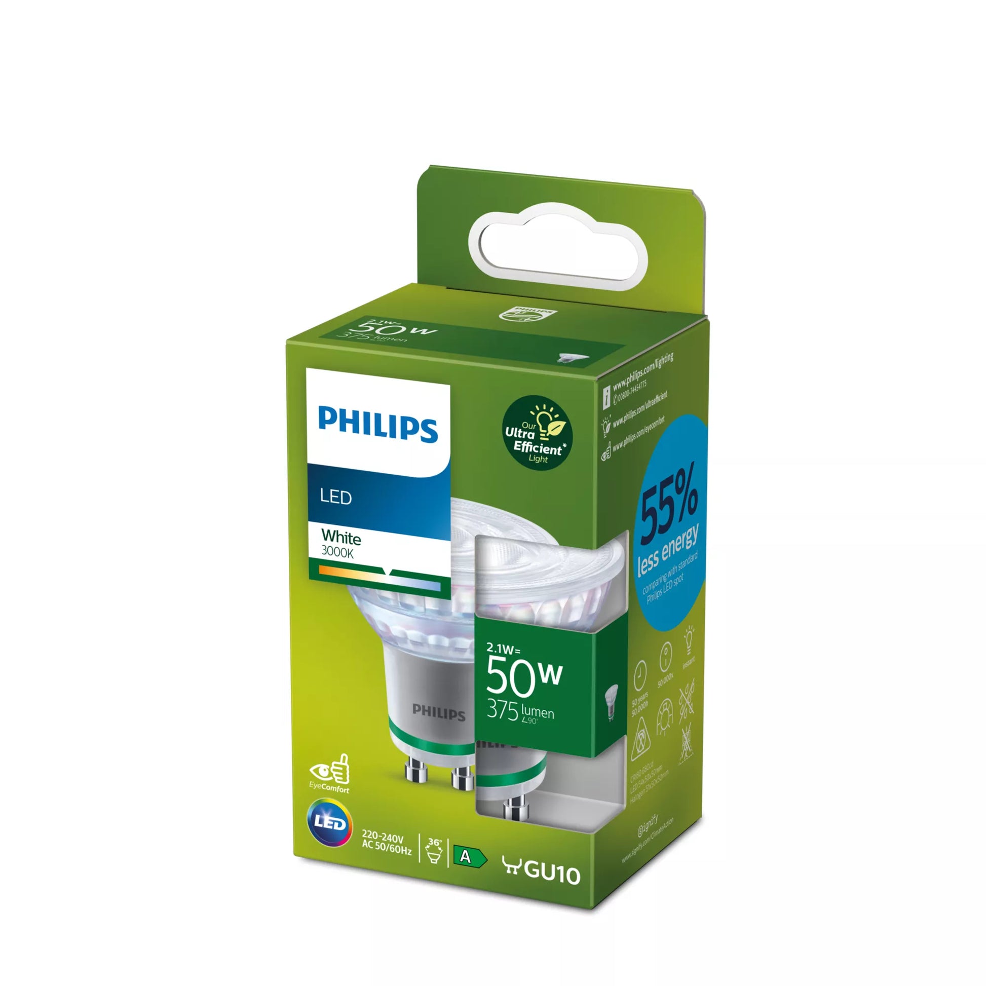 Philips by Signify Philips LED-Leuchtmittel GU10 Spot – 375 lm, 2,1 W, Warmweiss 3000 K – 36° – 1 Stk. – Transparent/Glas