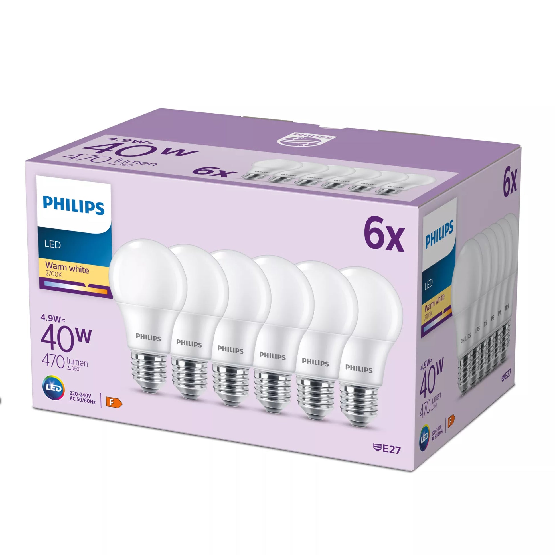 Philips by Signify Philips LED-Leuchtmittel E27 A-Form – Warmweiss 2700 K, 470 lm, 4,9 W – 6 Stk., Weiss