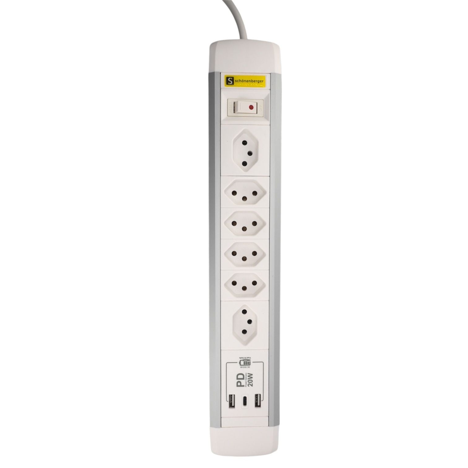 M. Schönenberger Schönenberger Standard Steckdosenleiste, 6×T13, 3×USB (1×USB‑C 20 W), mit Schalter, 2 m – Weiss