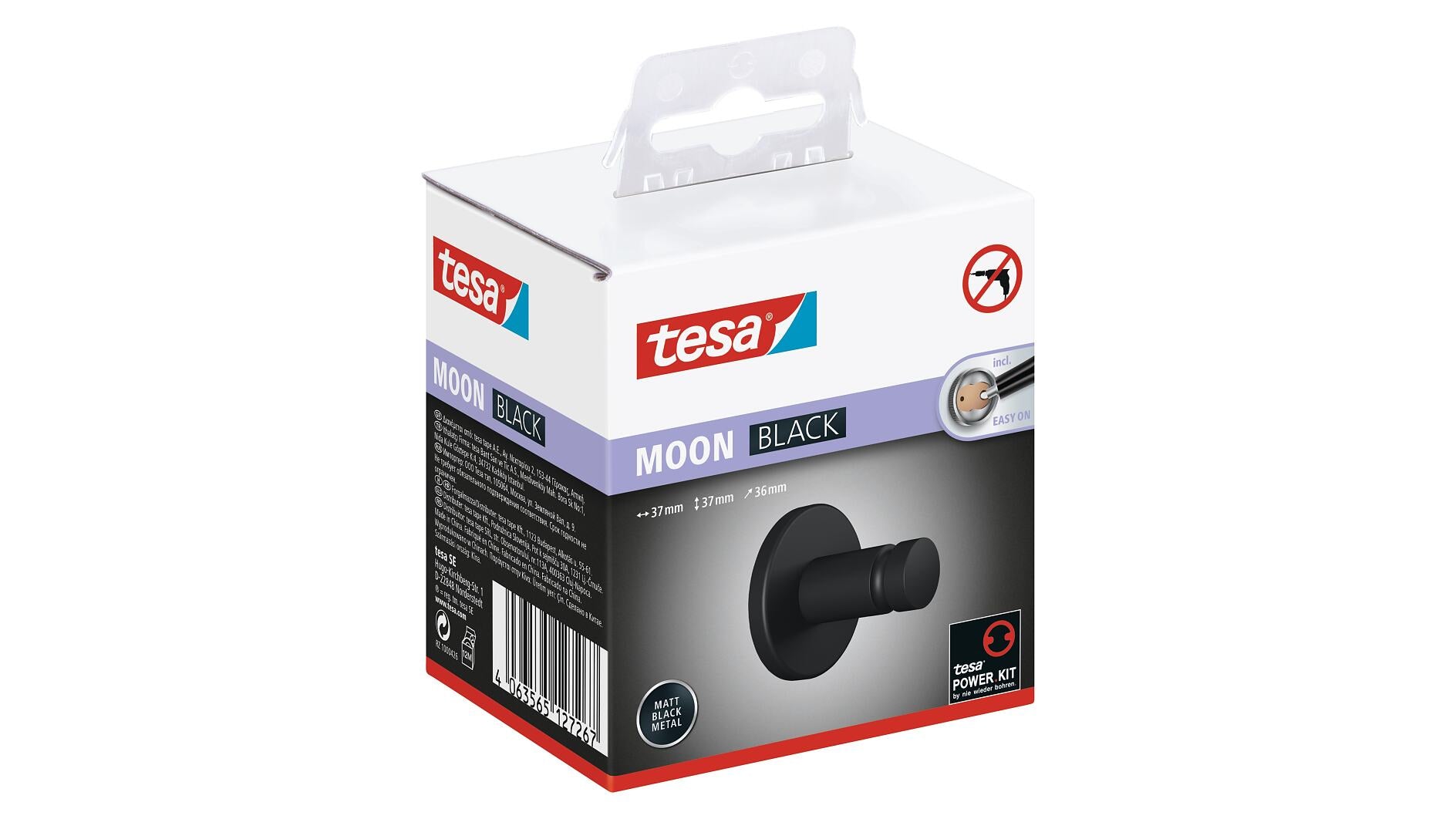TESA Klebehaken MOON BLACK – 3,7×3,6×3,7 cm, Stahl, pulverbeschichtet, Klebestreifen