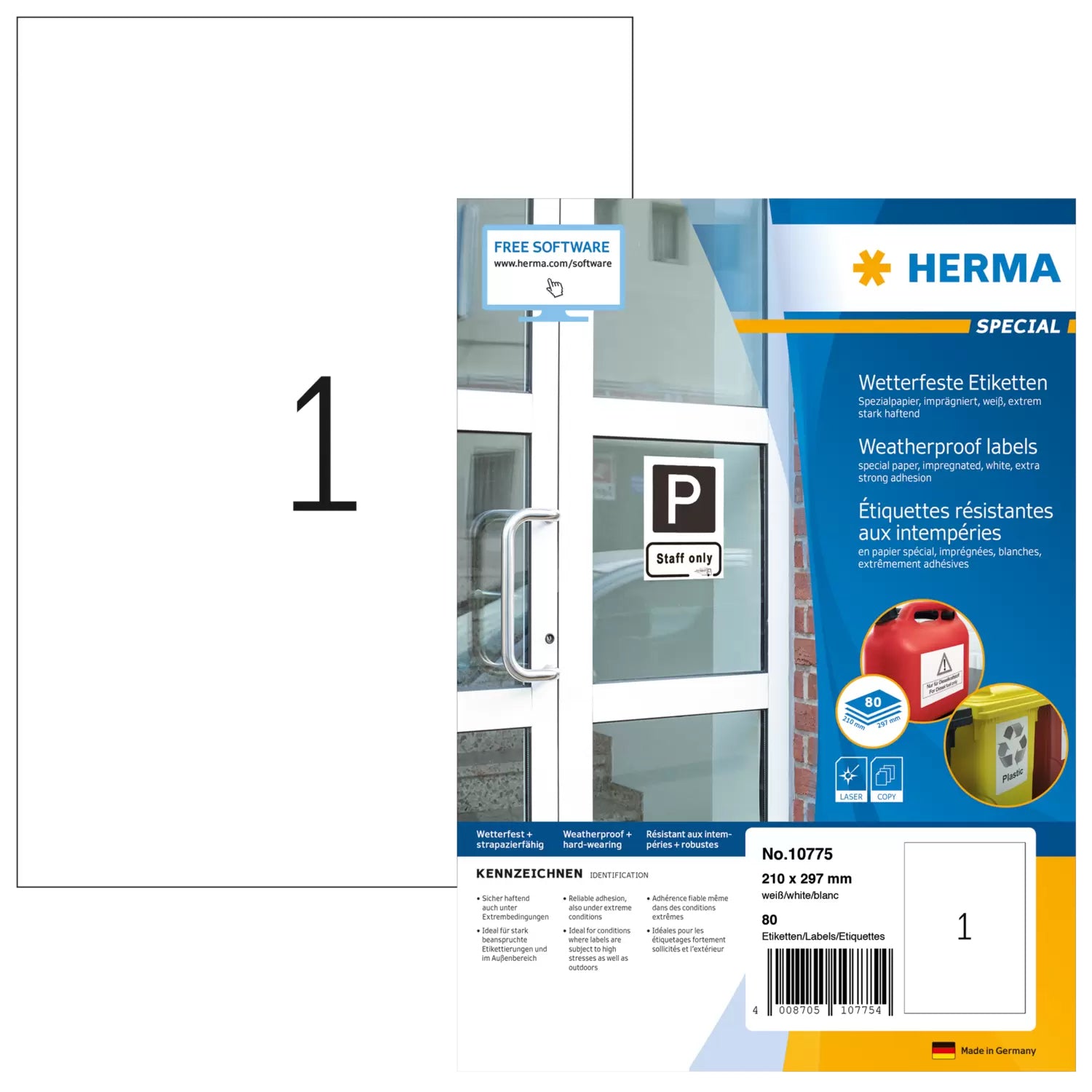 HERMA Druckeretiketten, 210 mm × 297 mm, weiss, Folie, extra stark, 80 Stück