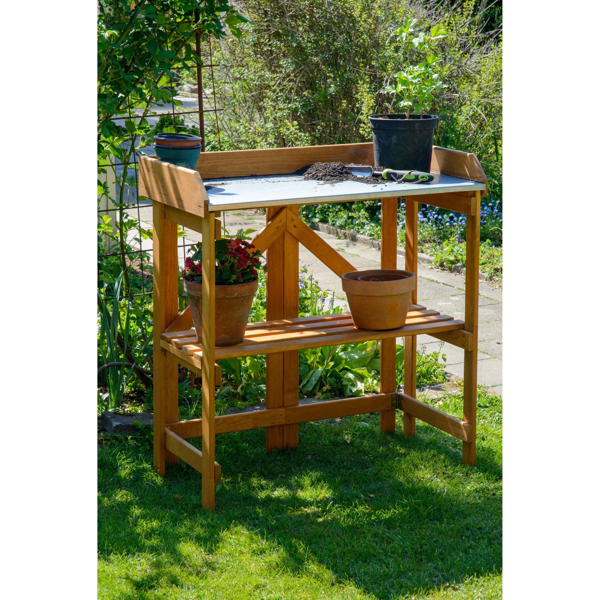 Dobar Faltbarer Pflanztisch (mit Ablage) – Kiefernholz – Braun – 850 × 890 × 440 mm