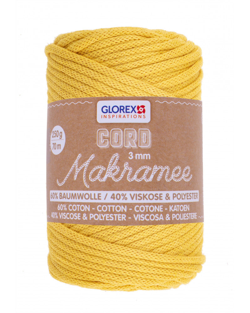 GLOREX Makramee-Kordel Senfgelb – Ø 3 mm, 250 g, 70 m, Baumwolle/Viskose/Polyester