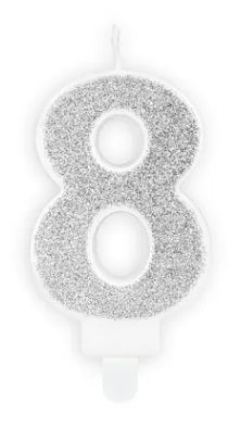PartyDeco Geburtstagskerzen Zahl 8 – Silber – 5 × 7 cm – 1 Stk
