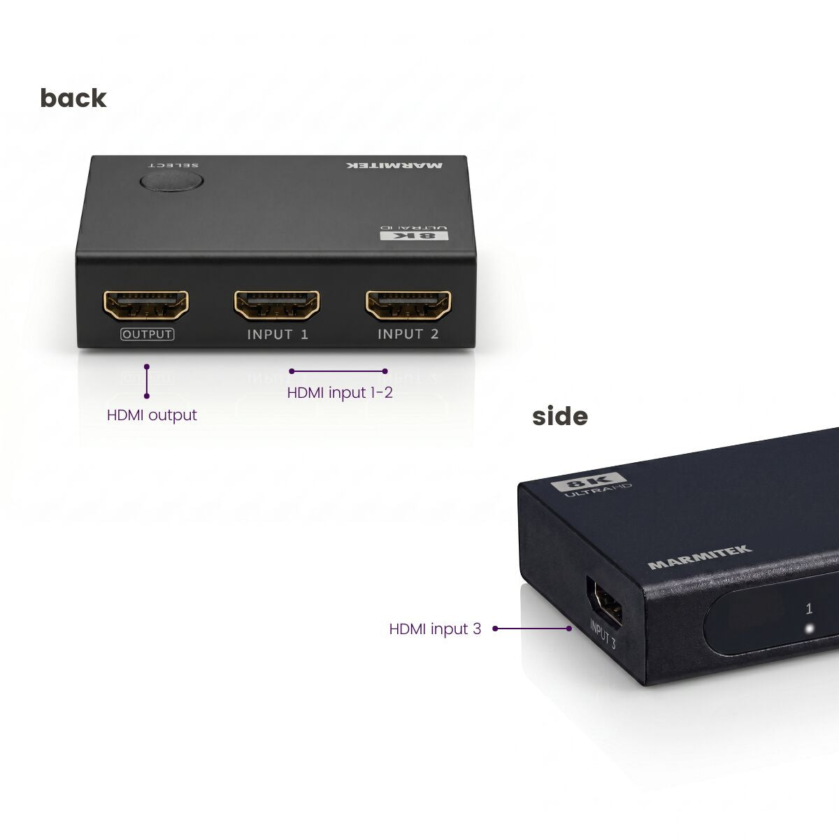 Marmitek Connect 730 – HDMI Switch, 3× HDMI In / 1× HDMI Out, 8K@60 Hz, HDMI 2.1, HDR, HDCP 2.3, Schwarz