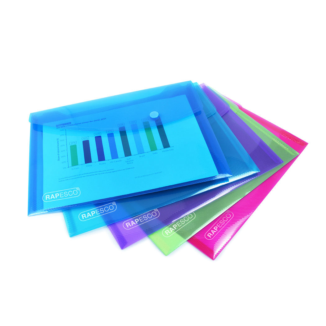Rapesco Dokumententasche A5, Druckknopf, transparent, assortiert – 50 Stück