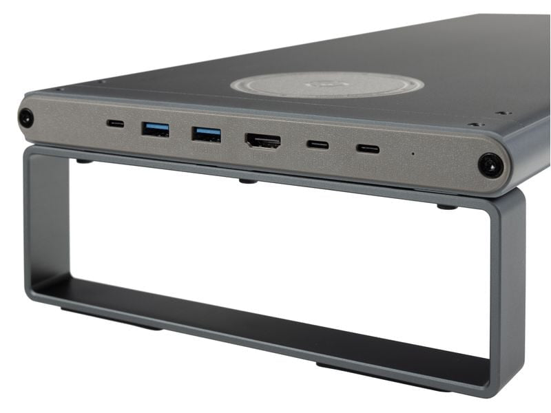 ONIT Charge – Monitorhalterung, Standfuss, bis 49", 20 kg, Qi-Ladepad, Silbergrau