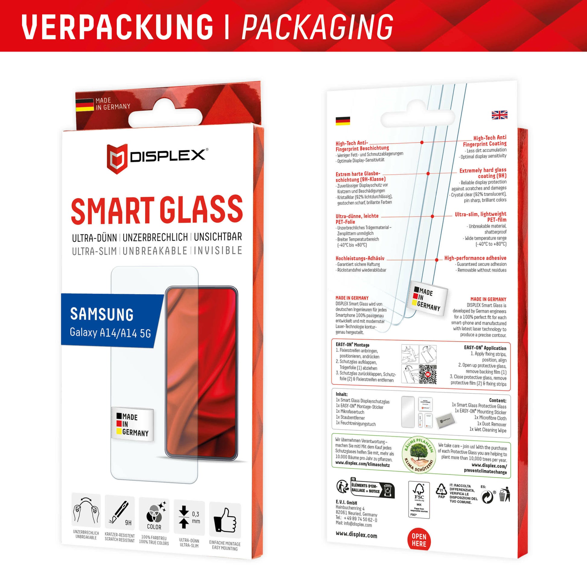 E.V.I. Displayschutz (Panzerglas), 10H – für Galaxy A14 – mit Applikator