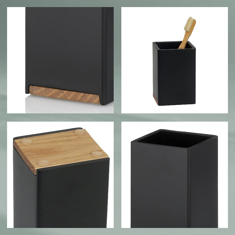 Kela Zahnputzbecher Cube – 7×7×11 cm, Polyresin/Eiche, freistehend, Schwarz matt
