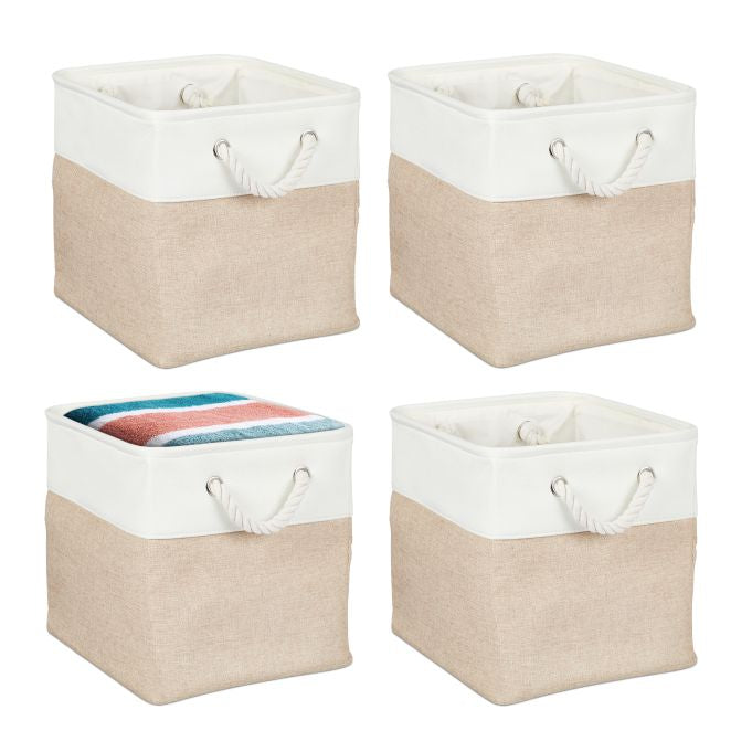 Relaxdays Aufbewahrungsbox ohne Deckel – Leinen/Textil – Weiss – mit Griff, 4 Stück – 330 × 330 × 330 mm