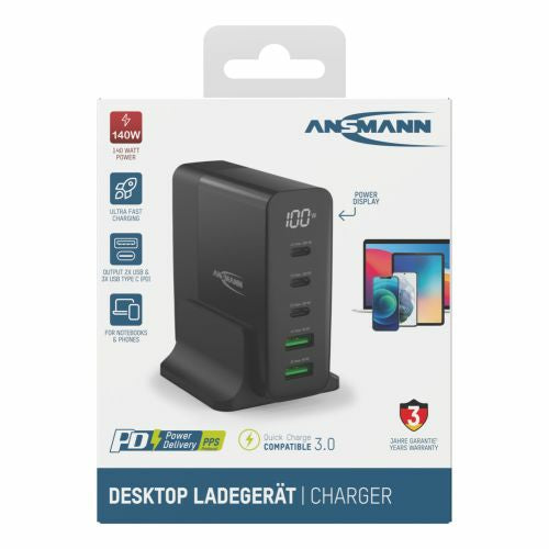 Ansmann DC5140PD Netzteil – 140 W, 1× USB-C + 4× USB-A, GaN