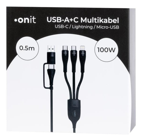ONIT Multi-Kabel – 4-in-1 USB-A/USB-C zu USB-C/Micro-USB/Lightning 0,5 m, Schwarz – für iPhone/Android