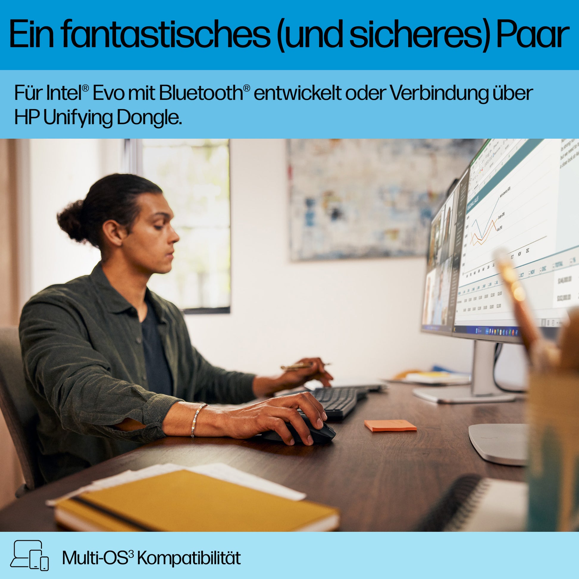 HP 680 Comfort – Tastatur- und Maus-Set – Bluetooth & 2,4 GHz (USB-A Empfänger) – mit Handballenauflage – Schwarz