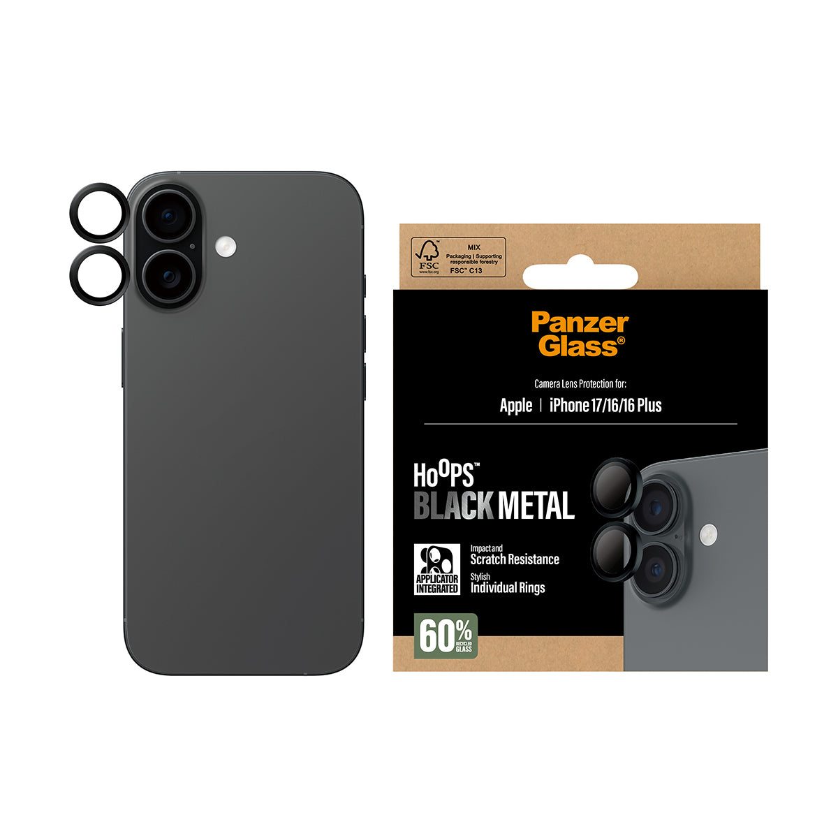 PanzerGlass Kameraschutz Hoops – für Apple iPhone 17/16/16 Plus, kratzresistent, stossfest, Hartglas, schwarz