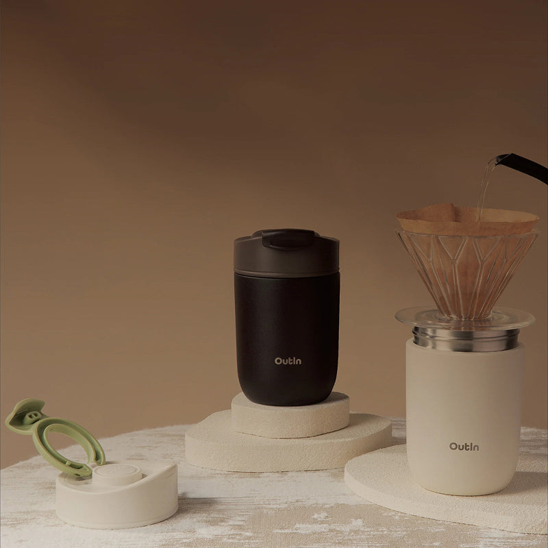 Outin Travel Tumbler Thermobecher 350 ml – doppelwandig 6 h heiss/12 h kalt, Edelstahl, Dunkelbraun