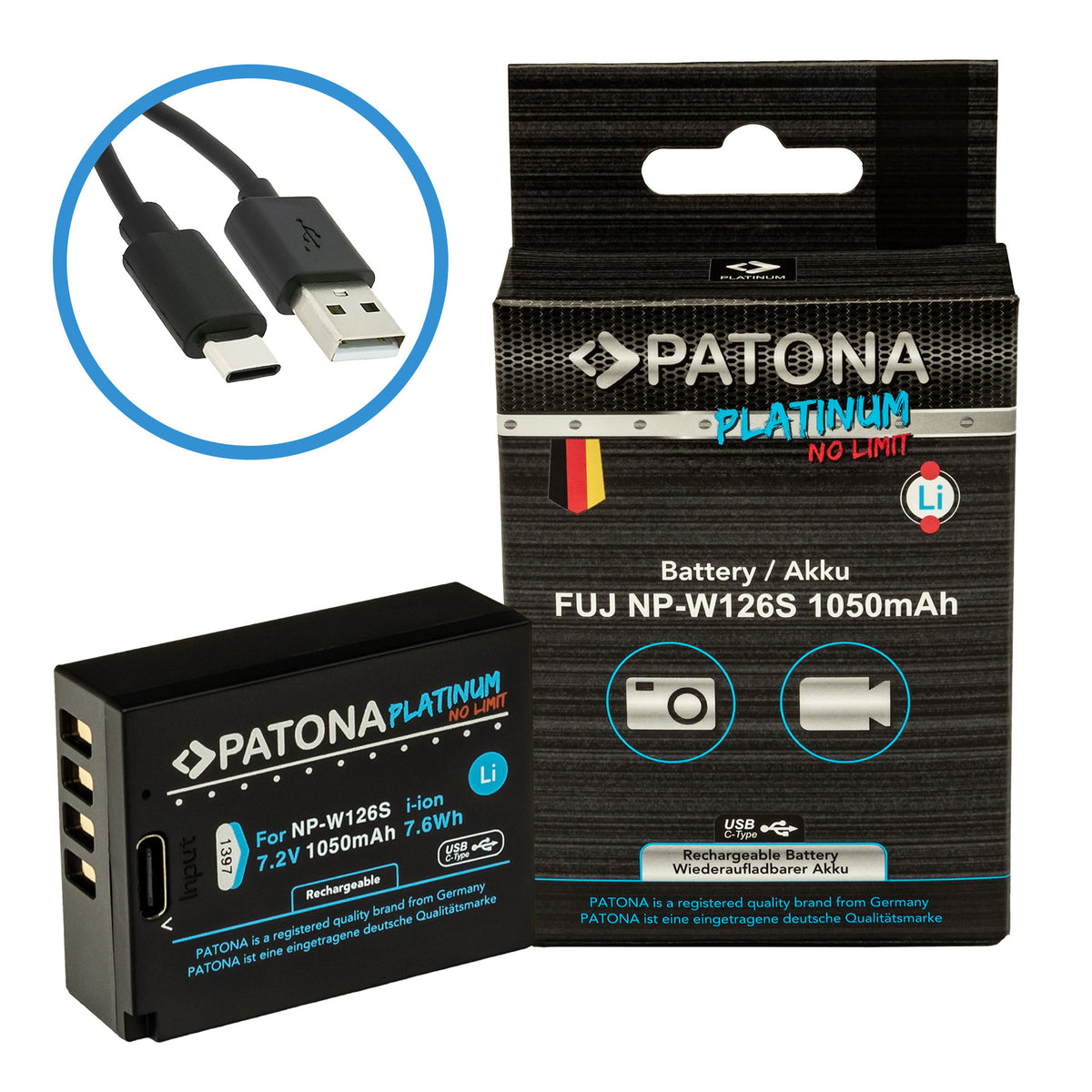 PATONA Platinum Akku (Li-Ion) 1050 mAh, 7,2 V – USB-C-Eingang 1,2 A – für Fujifilm NP-W126S, X-H1, X-Pro3 und andere