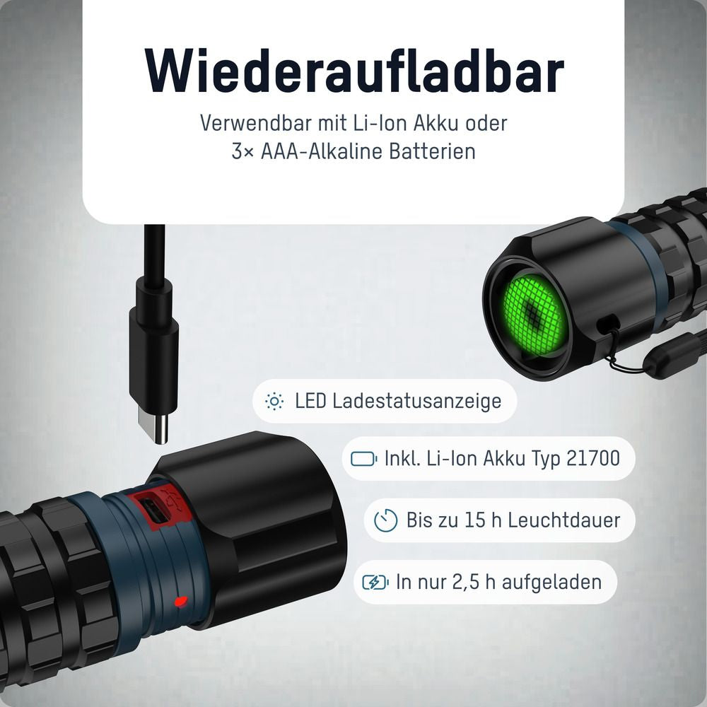 Ansmann Taschenlampe TS3000RF – 3'000 lm, 235 m, IPX4, USB-C, Akku 4'000 mAh – Schwarz