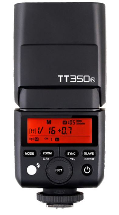 Godox TT350N Systemblitzgerät – TTL, Leitzahl 36, 24–105 mm, Akkubetrieb (2× AA/2500 mAh) – für Nikon – Schwarz