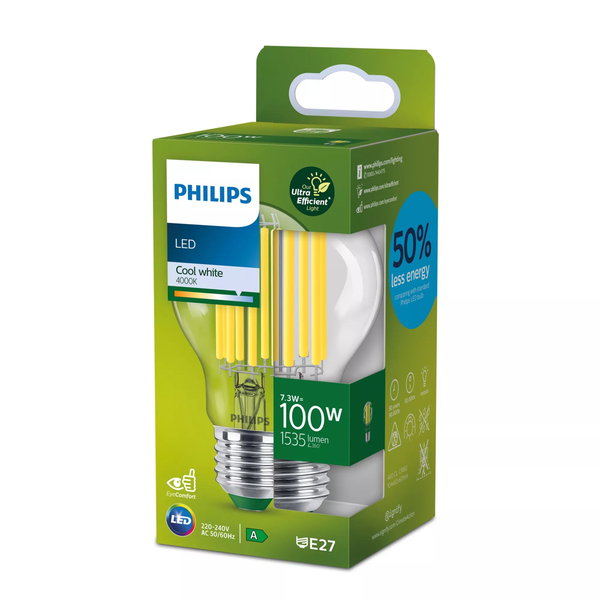 Philips by Signify Philips LED-Leuchtmittel E27 A-Form – Neutralweiss 4000 K, 1535 lm, 7,3 W – 1 Stk. – Klar, Glas