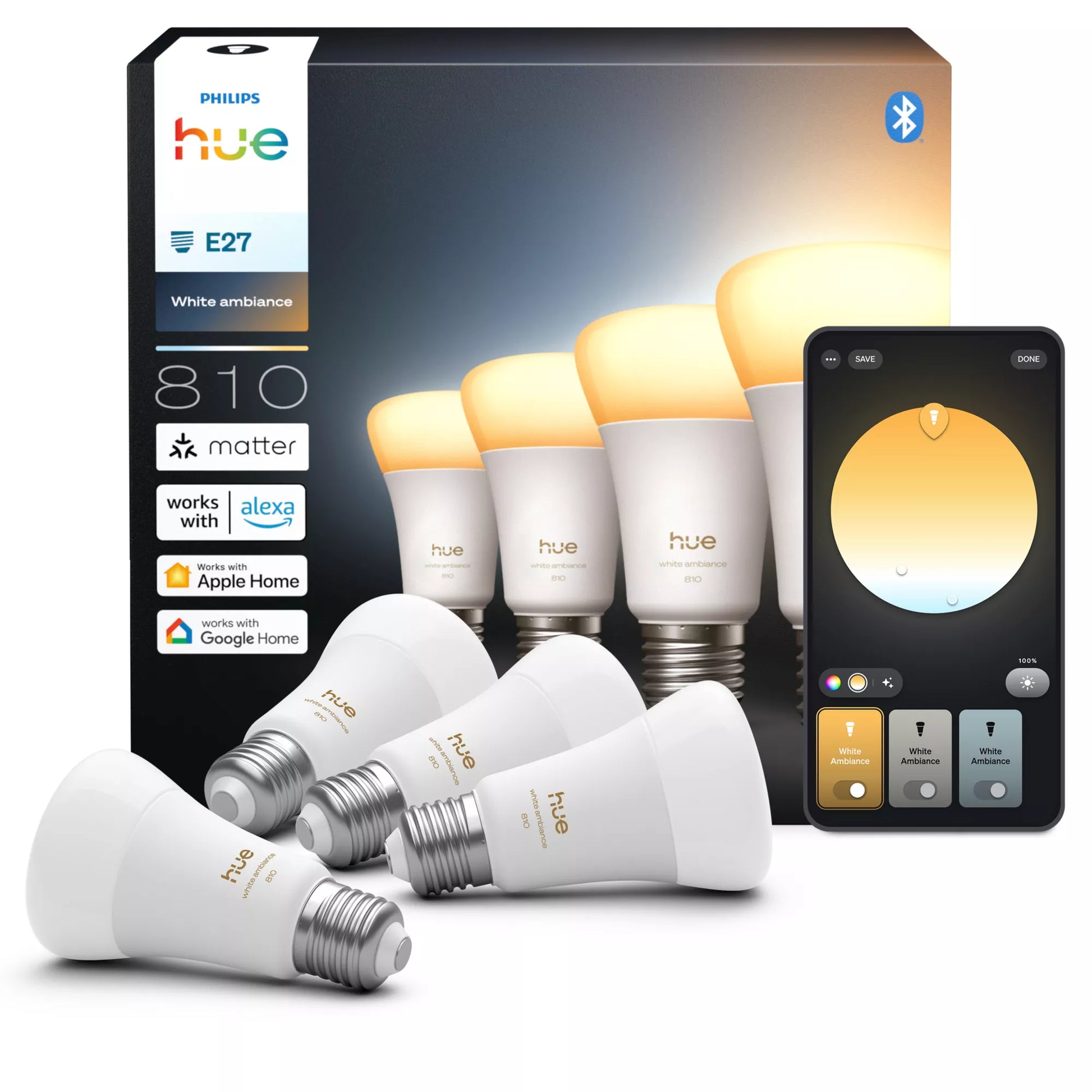Philips by Signify Philips Hue Smart-Leuchtmittel E27 A-Form – Warmweiss/Kaltweiss, 810 lm, 6 W, Bluetooth/Zigbee – 4 Stk.