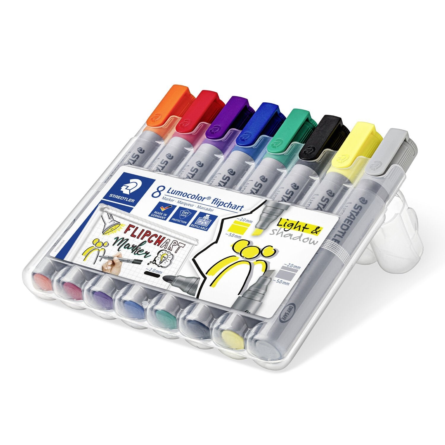 Staedtler Flipchart-Marker – Keil- & Rundspitze 2 mm, 8 Farben, 8er Set, Cap-Off – für Flipcharts/Papier