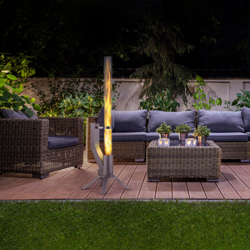 Gardenflare Feuerrohr – Ø 8 × 130 cm – Edelstahl & Borosilikatglas, Silber