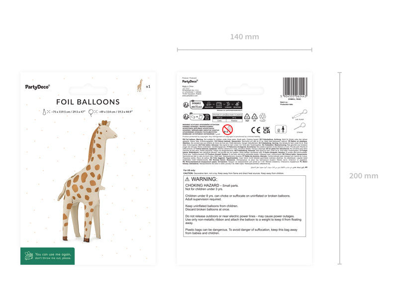 PartyDeco Folienballon Giraffe – mehrfarbig – 49 × 114 cm – Folie – 5 Stk