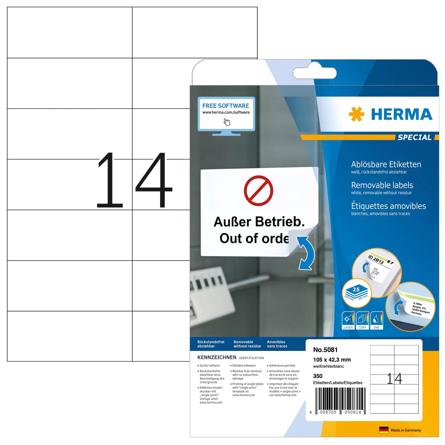 HERMA Druckeretiketten, 105 mm × 42 mm, weiss, Papier, ablösbar, 25 Blätter (350 Etiketten)