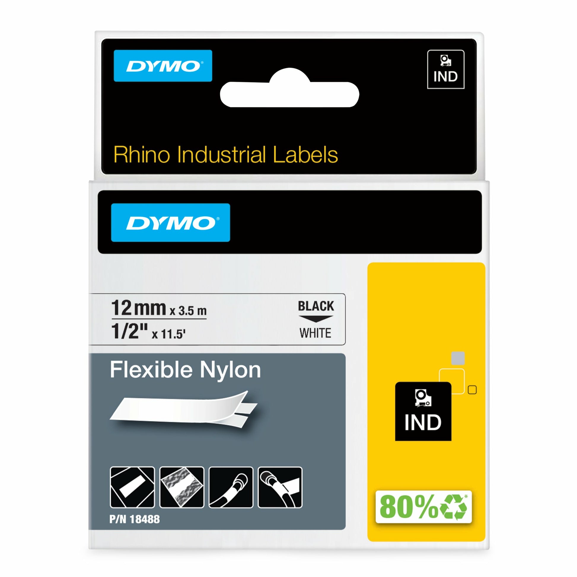 DYMO Schriftband – 12 mm × 3,5 m, weiss, schwarz – für DYMO Rhino: 3000, 4200, 5000 und weitere