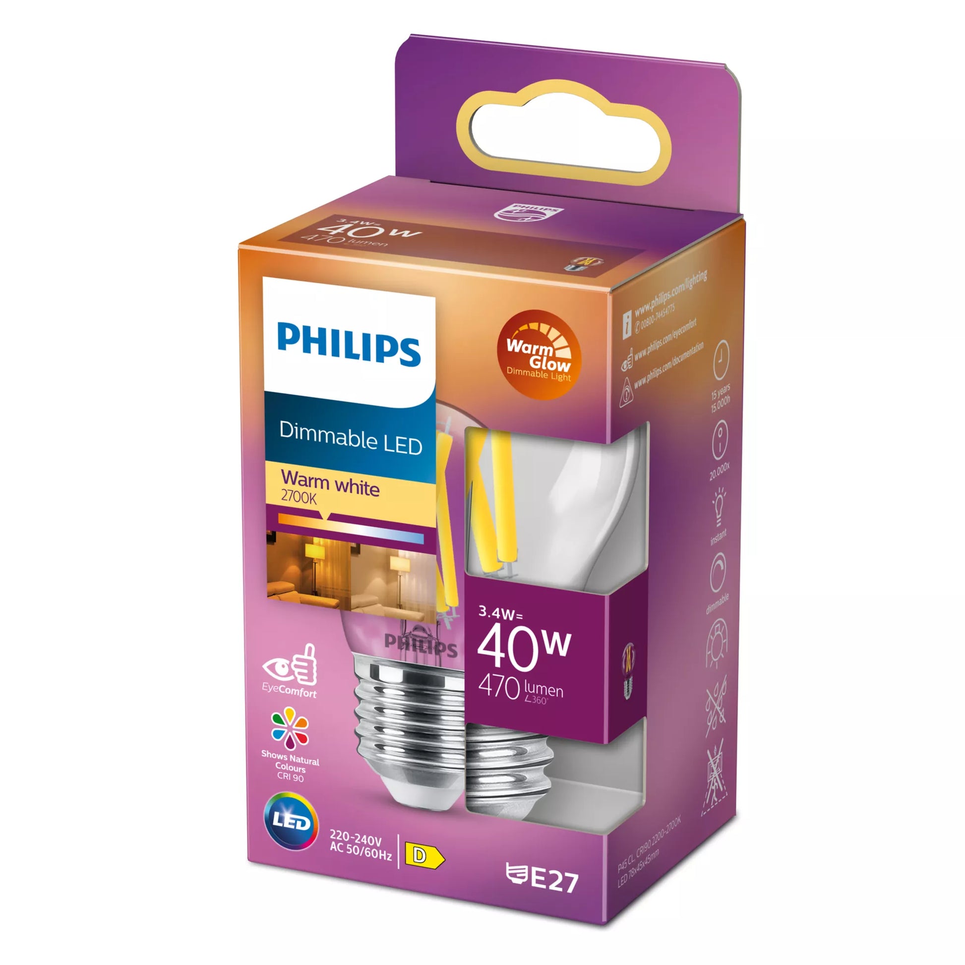 Philips by Signify Philips LED-Leuchtmittel E27 P45 – Warmweiss 2200–2700 K, 470 lm, 3,4 W, dimmbar – 1 Stk. – Klar