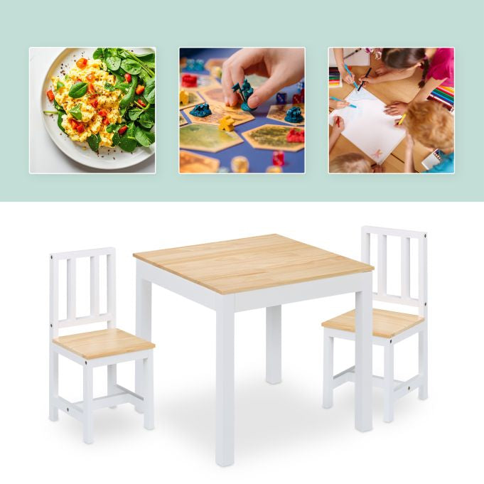 Relaxdays Kinderstuhl – 57 × 57 × 51,5 cm, quadratisch – MDF & Kiefernholz – natur/weiss – mit 2 Stühlen