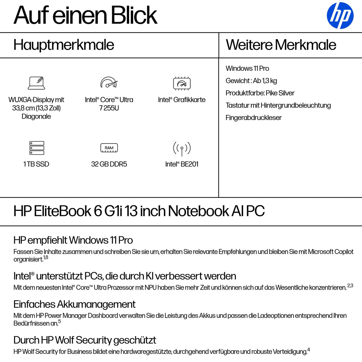HP EliteBook 6 G1 – 13,3" WUXGA, Core Ultra 7 255U, 32 GB, 1 TB SSD, Win 11 Pro